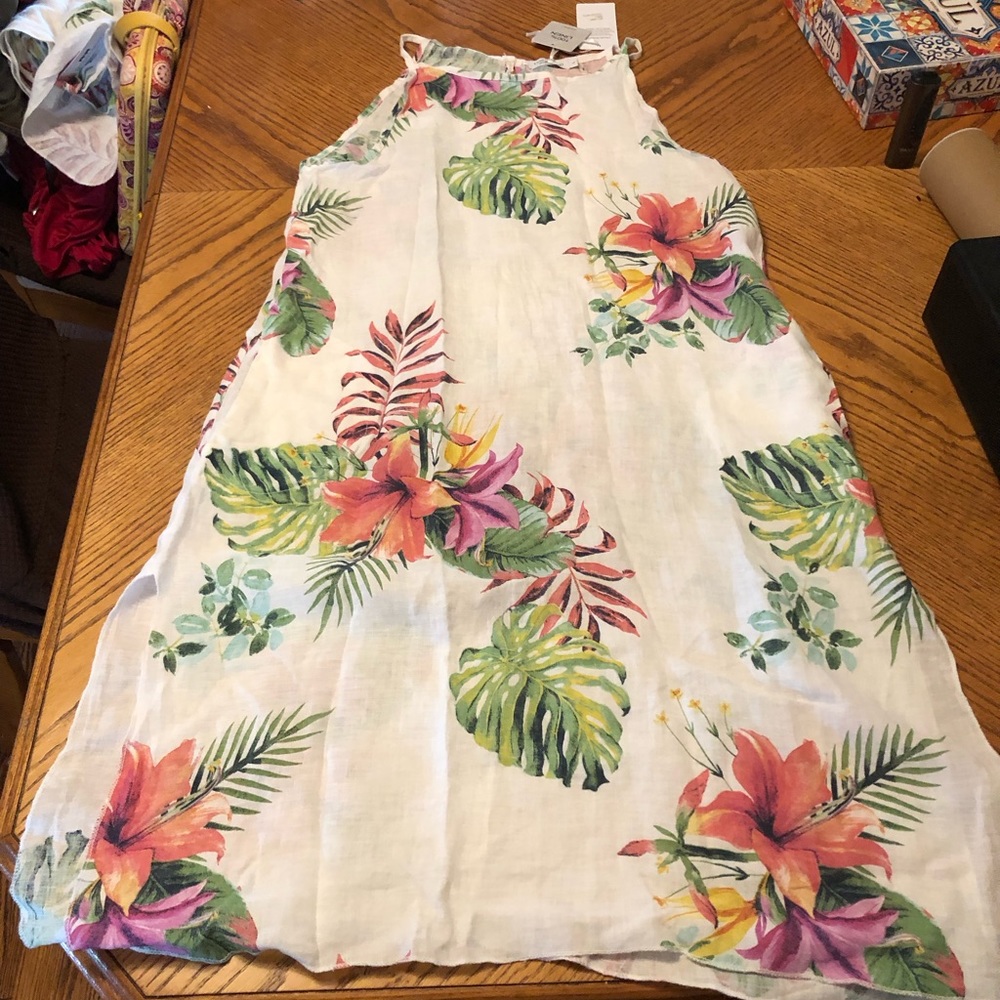Lungo L'Arno White 100% Linen Floral Sleeveless Dress Coverup Size L New NWT